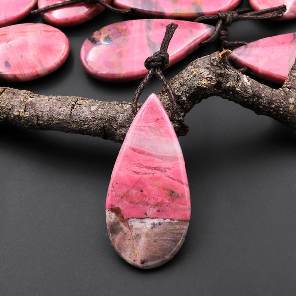 Natural Pink Rhodonite In Quartz Side Drilled Teardrop Pendant A4