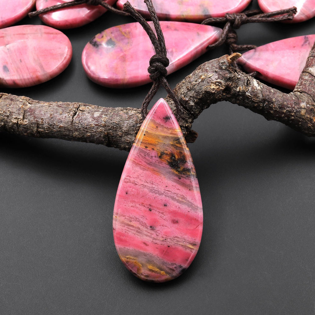 Natural Pink Rhodonite In Quartz Side Drilled Teardrop Pendant A5