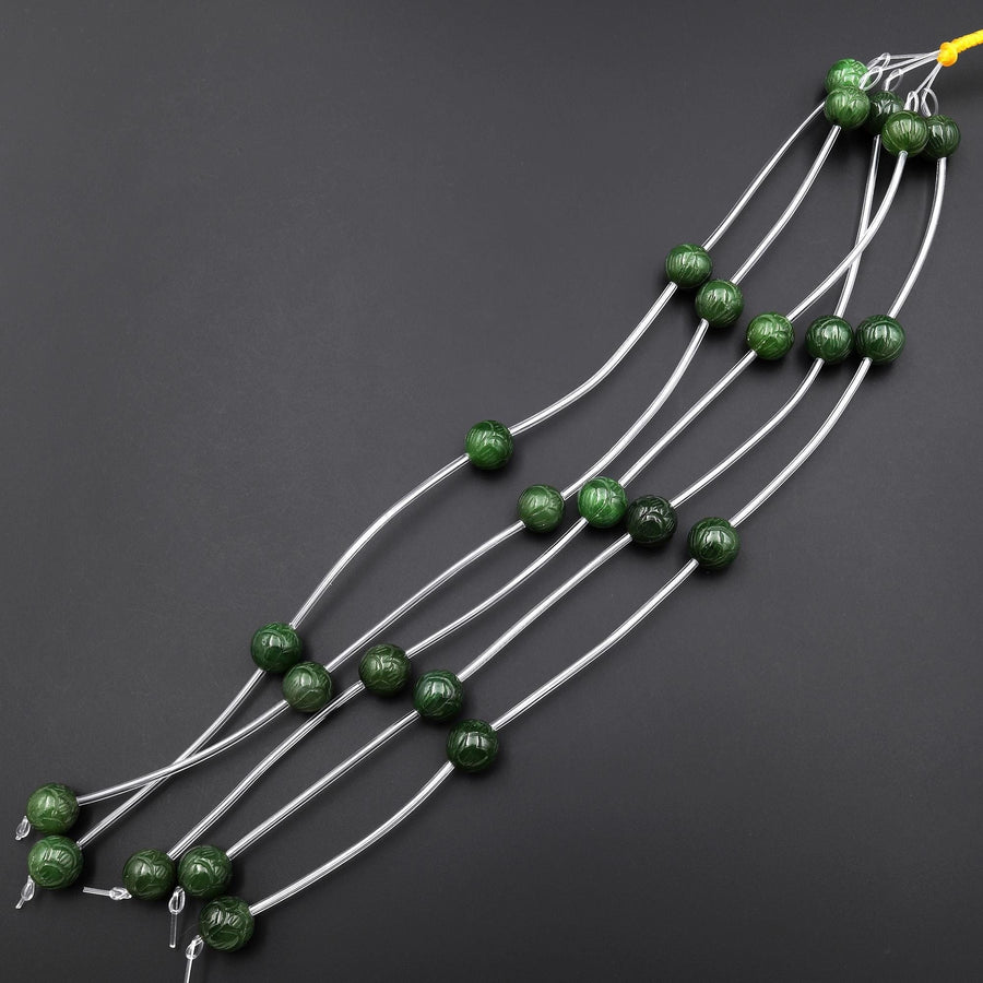 Hand Carved 3D Natural Green Canadian Jade Lotus Flower Gemstone Round Beads 10mm 12mm