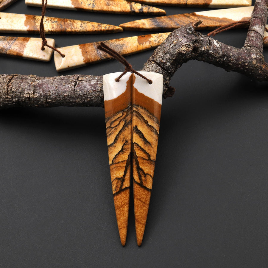 AAA Drilled Natural Picture Jasper Long Triangle Dagger Earring Cabochon Matched Gemstone Bead Pair