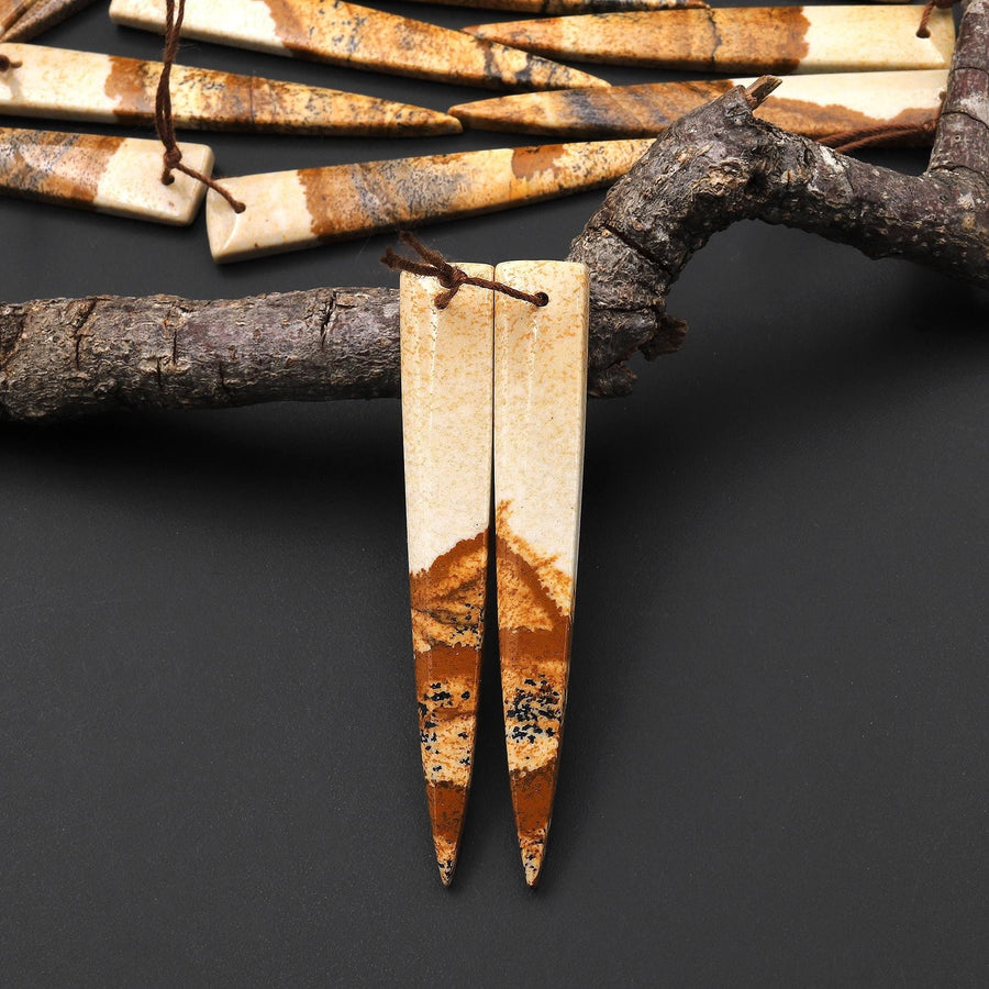 AAA Drilled Natural Picture Jasper Long Triangle Dagger Earring Cabochon Matched Gemstone Bead Pair