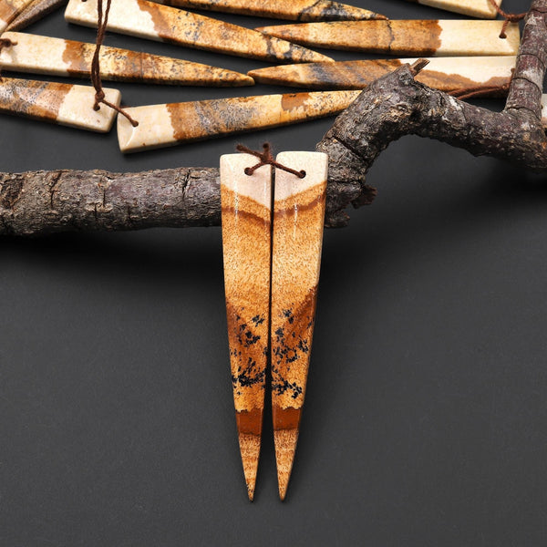 AAA Drilled Natural Picture Jasper Long Triangle Dagger Earring Cabochon Matched Gemstone Bead Pair A5