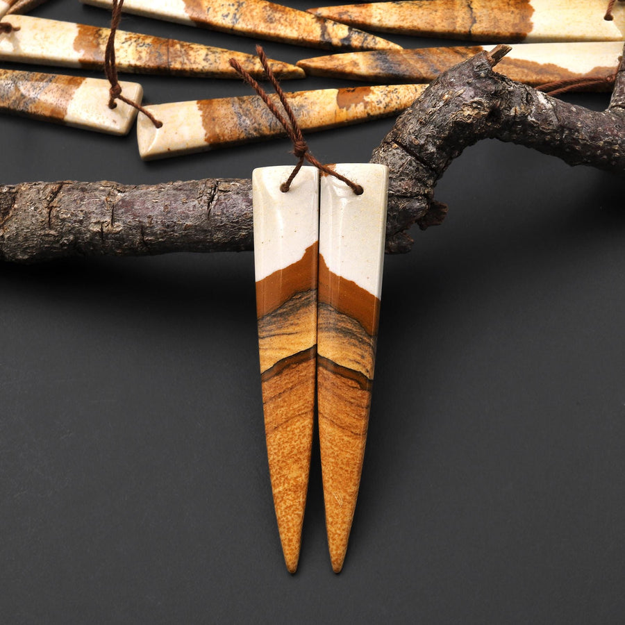 AAA Drilled Natural Picture Jasper Long Triangle Dagger Earring Cabochon Matched Gemstone Bead Pair A6