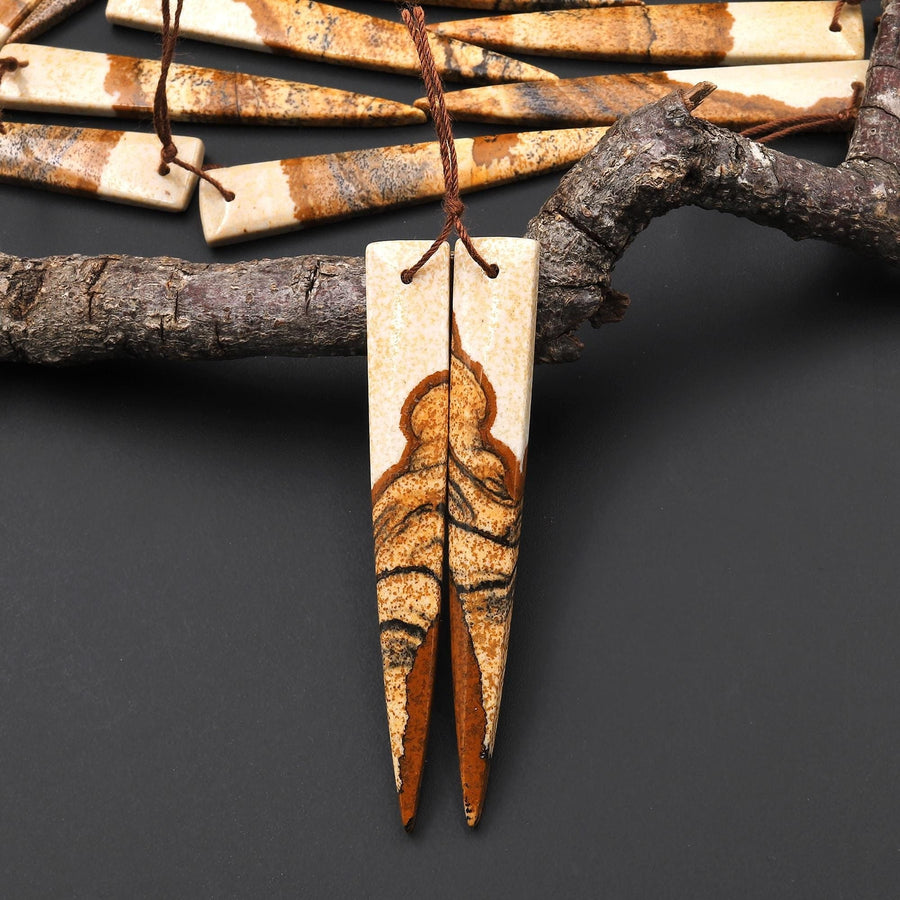 AAA Drilled Natural Picture Jasper Long Triangle Dagger Earring Cabochon Matched Gemstone Bead Pair A11