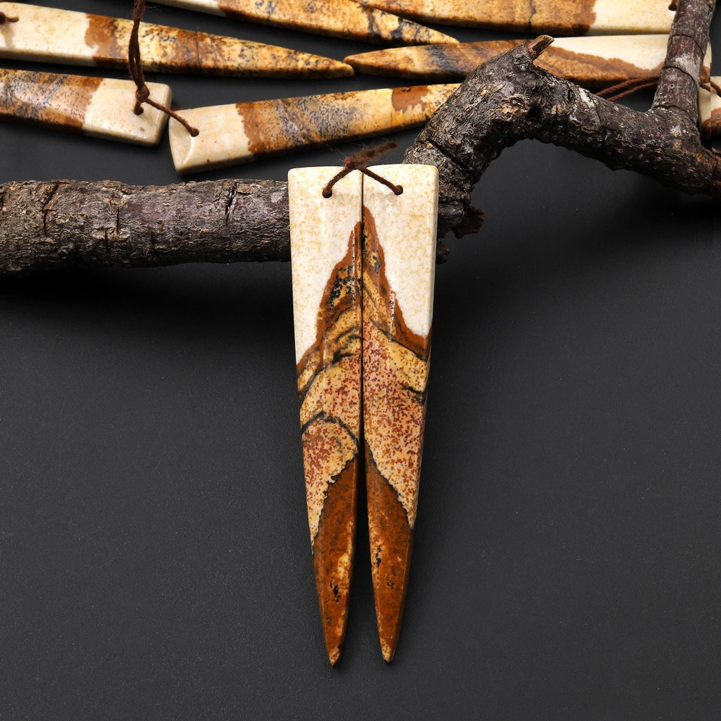 AAA Drilled Natural Picture Jasper Long Triangle Dagger Earring Cabochon Matched Gemstone Bead Pair A13