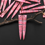 AAA Natural Pink Rhodonite In Quartz Earring Pair Long Dagger Triangle Drilled Matched Gemstone Beads