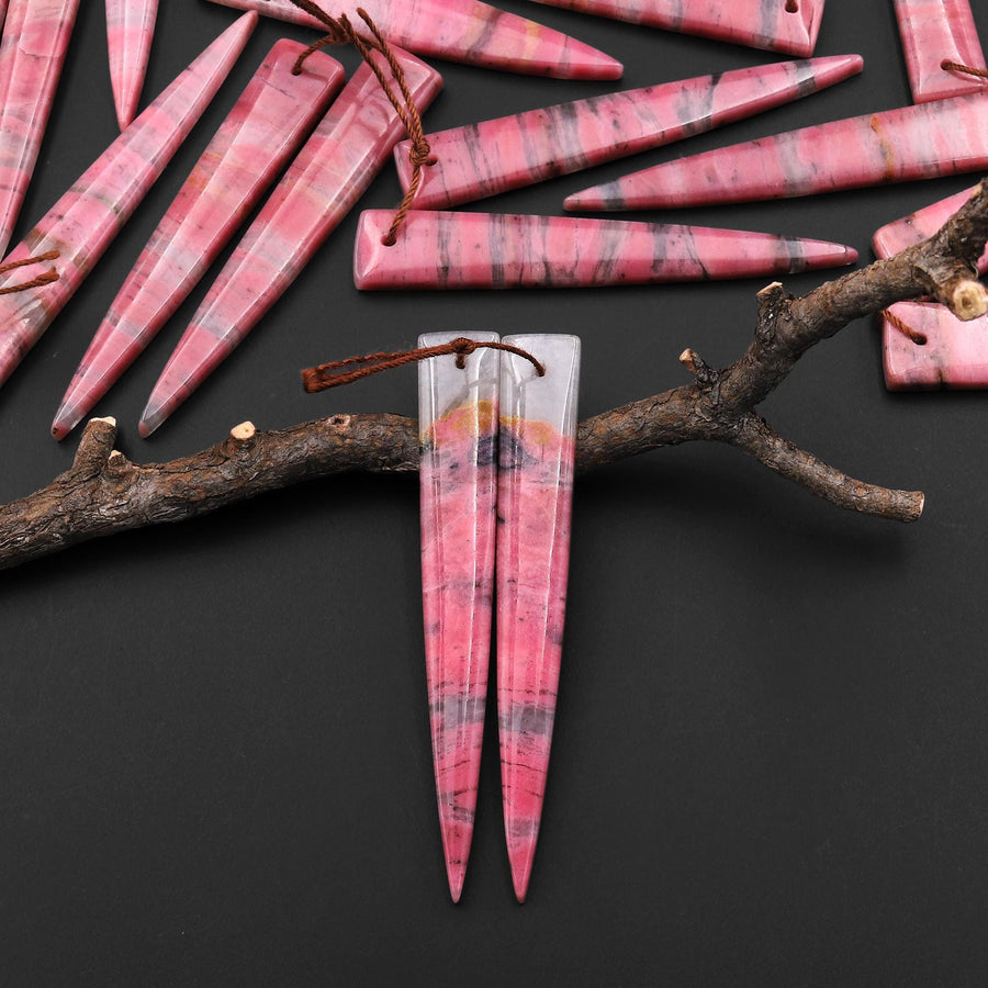 AAA Natural Pink Rhodonite In Quartz Earring Pair Long Dagger Triangle Drilled Matched Gemstone Beads