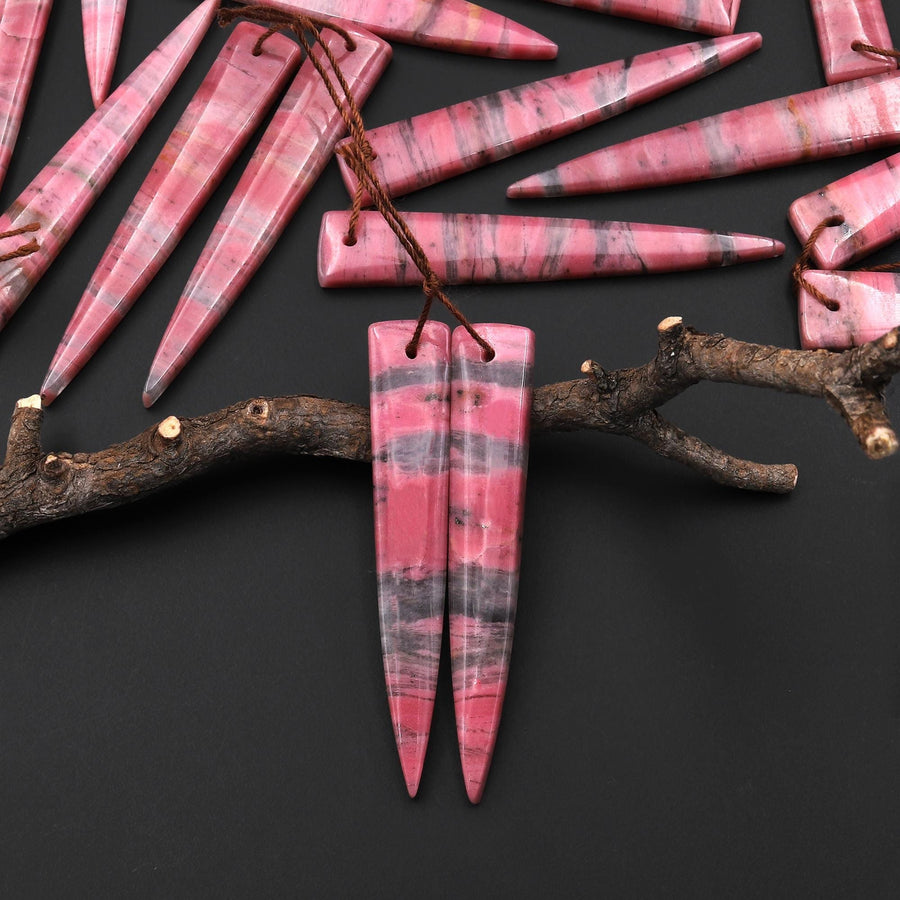 AAA Natural Pink Rhodonite In Quartz Earring Pair Long Dagger Triangle Drilled Matched Gemstone Beads A6