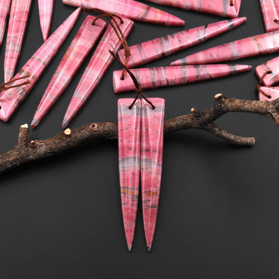 AAA Natural Pink Rhodonite In Quartz Earring Pair Long Dagger Triangle Drilled Matched Gemstone Beads A12