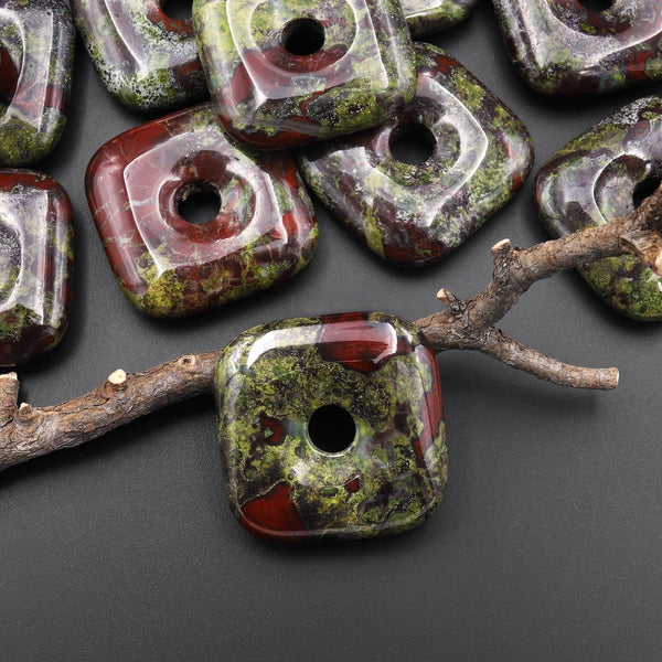 AAA Natural Dragon Blood Jasper Square Donut Pendant 30mm A1