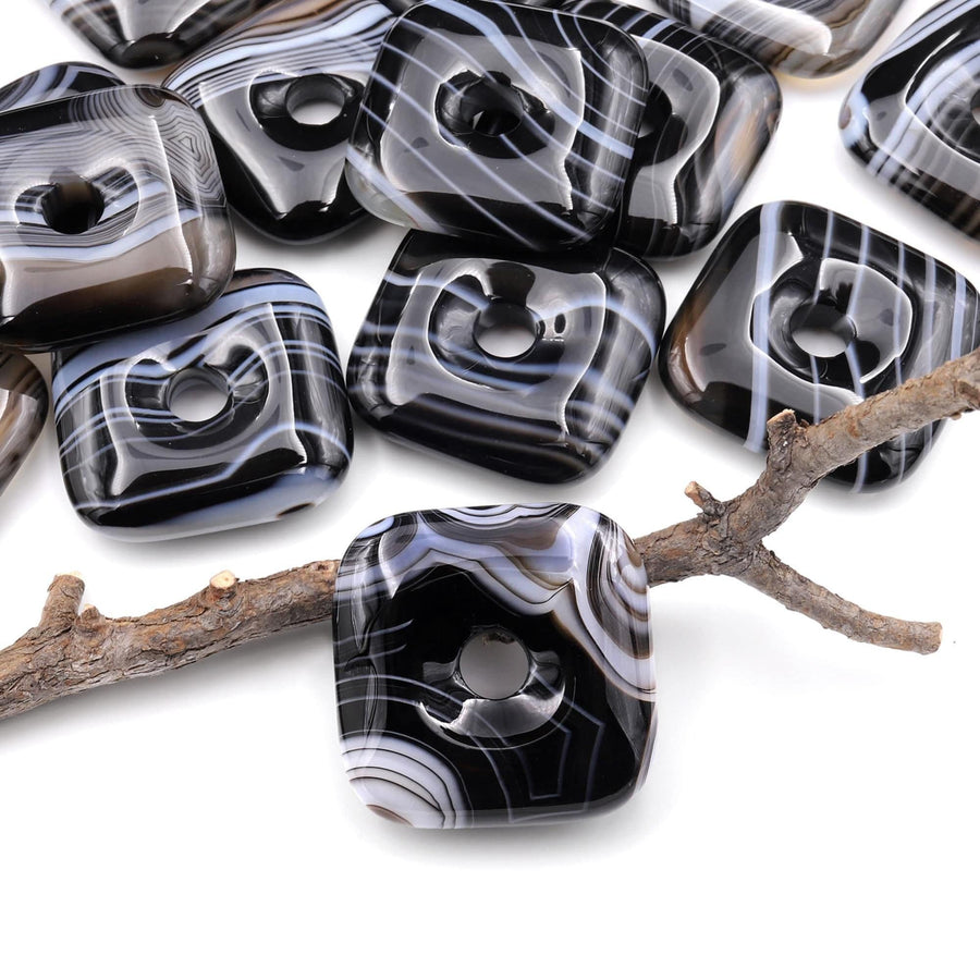 AAA Natural Black Agate Square Donut Pendant 30mm