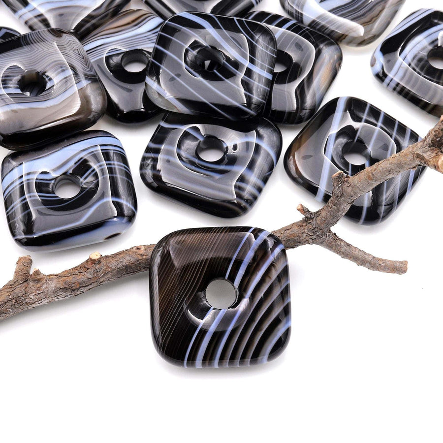 AAA Natural Black Agate Square Donut Pendant 30mm A1