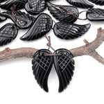 Hand Carved Natural Black Rainbow Obsidian Angel Wing Earring Pair Drilled Matched Gemstone Beads