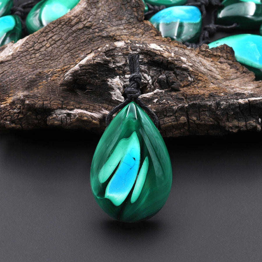 Extremely Rare Natural Blue Chrysocolla Green Malachite Top Side Drilled Gemstone Teardrop Pendant