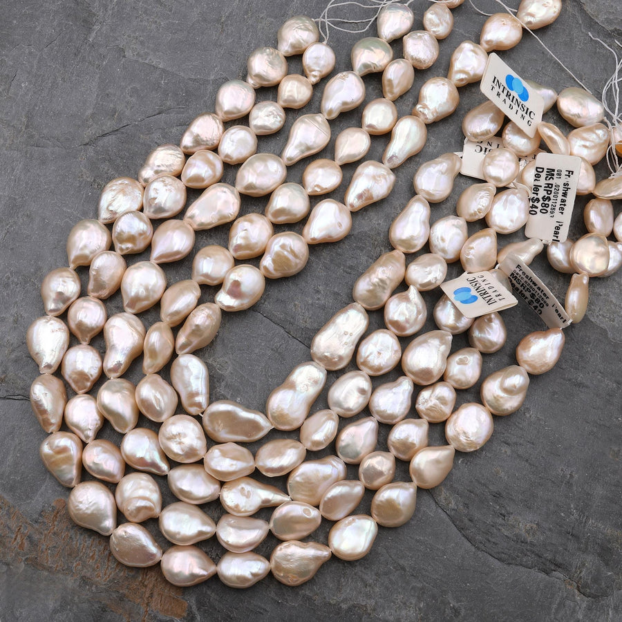 Natural Coin Pearl Iridescent Soft Peach High Quality Real Genuine Freshwater Pearl Beads 15.5" Strand