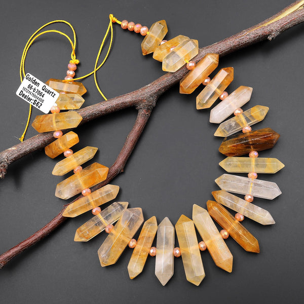 Natural Golden Healer Quartz Double Terminated Point Beads Center Drilled Gemstone 15" Strand A3