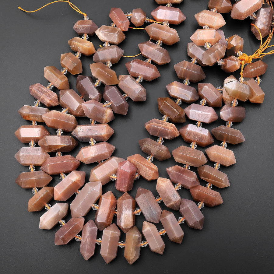 Natural Peach Moonstone Faceted Double Terminated Point Beads Center Drilled Gemstone 15.5" Strand