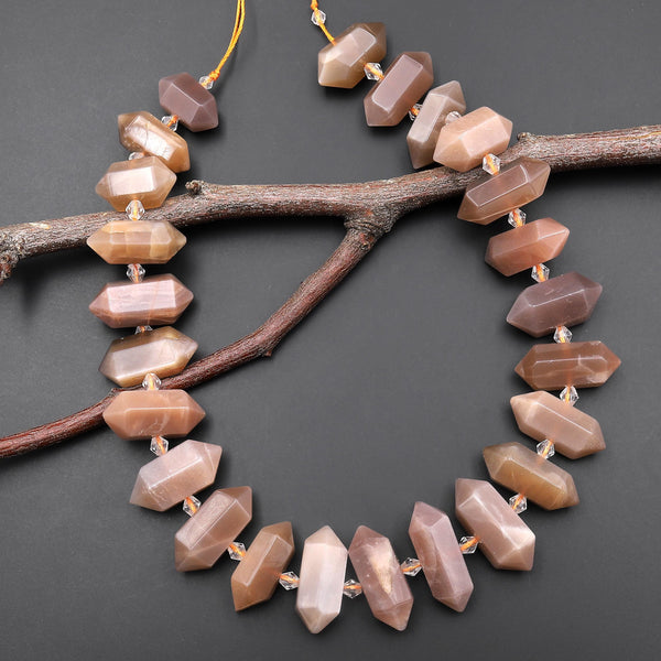 Natural Peach Moonstone Faceted Double Terminated Point Beads Center Drilled Gemstone 15.5" Strand A1