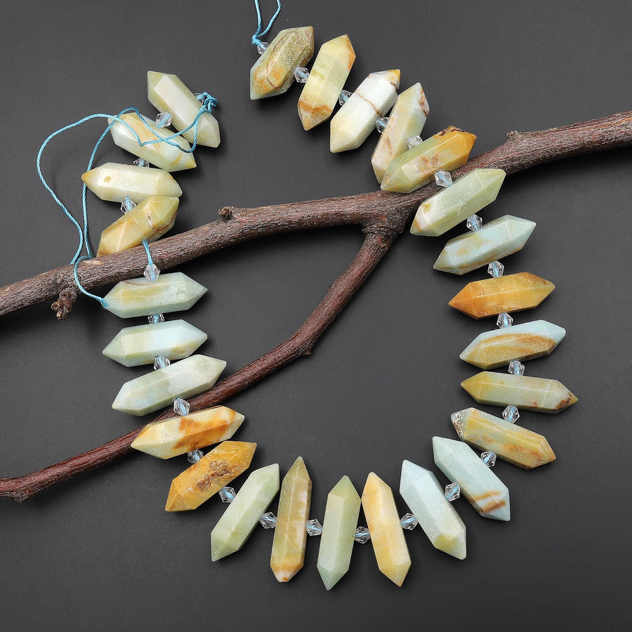 Faceted Double Terminated Natural Green Blue Yellow Amazonite Long Points Center Drilled Gemstone Beads 15.5" Strand