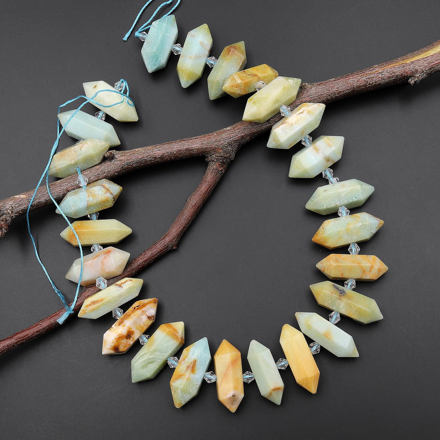 Faceted Double Terminated Natural Green Blue Yellow Amazonite Long Points Center Drilled Gemstone Beads 15.5" Strand