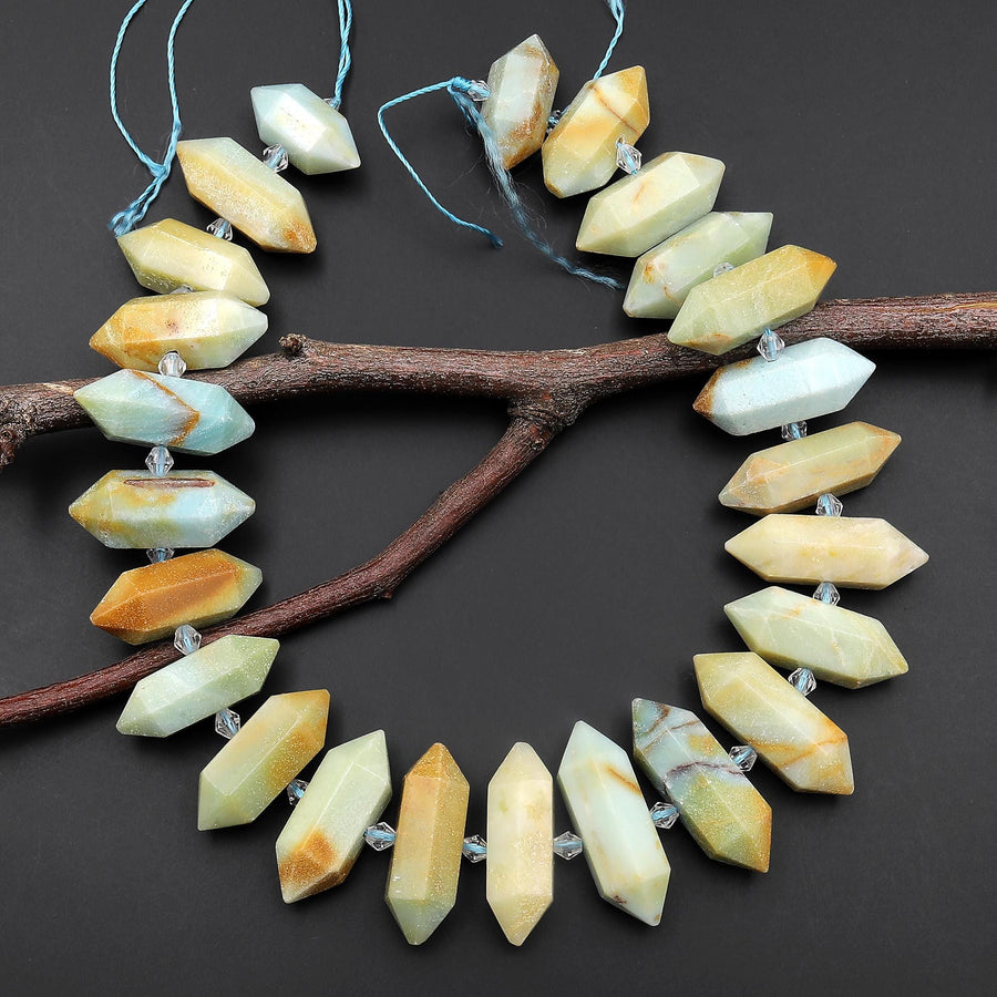 Faceted Double Terminated Natural Green Blue Yellow Amazonite Thick Points Center Drilled Gemstone Beads 15.5" Strand