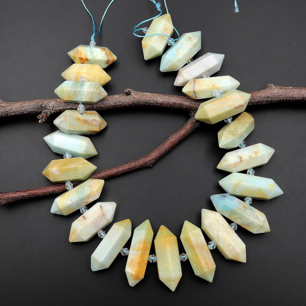 Faceted Double Terminated Natural Multicolor Amazonite Points Center Drilled Gemstone Beads 15.5" Strand A1