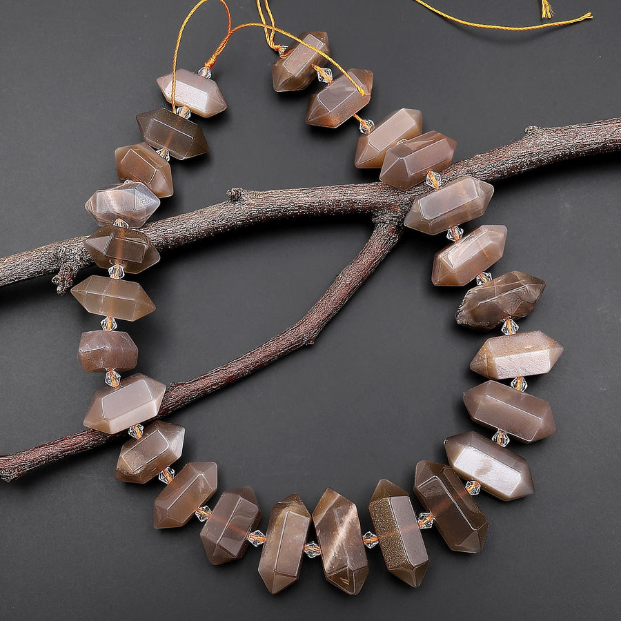 Natural Smoky Mauve Peach Moonstone Faceted Double Terminated Point Beads Center Drilled Gemstone 15.5" Strand