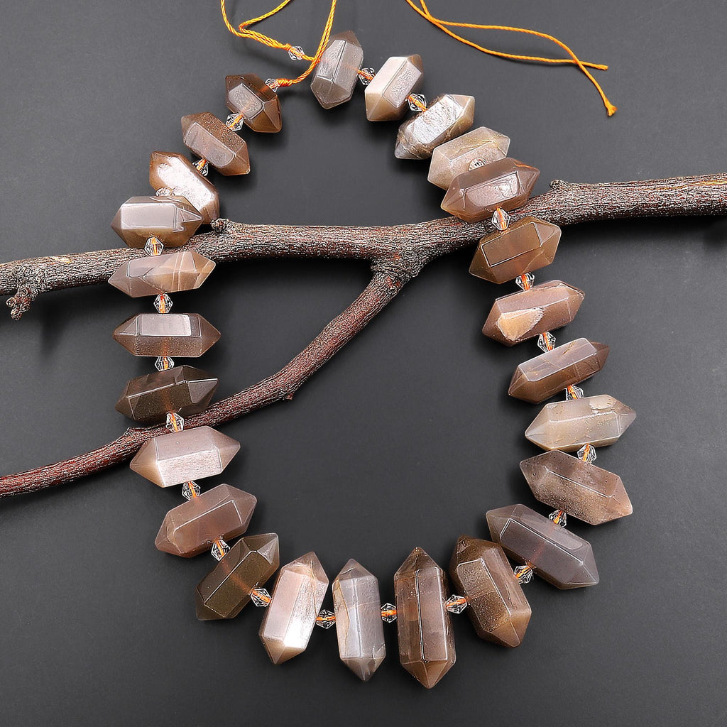 Natural Smoky Mauve Peach Moonstone Faceted Double Terminated Point Beads Center Drilled Gemstone 15.5" Strand A3