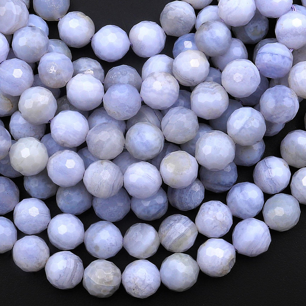 Faceted Natural Blue Lace Agate 6mm 7mm Round Beads Blue Chalcedony 15.5" Strand