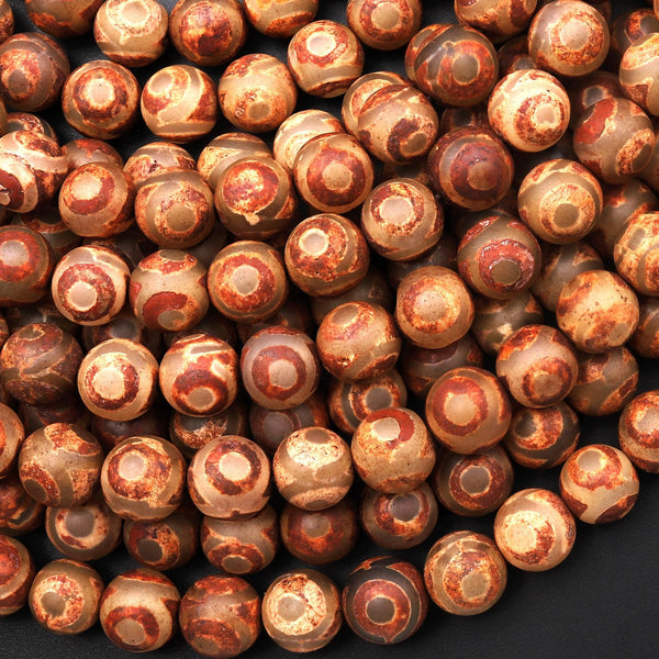 Tibetan Agate 8mm Round Beads Dzi Agate Brown Etched Eye Mala Antique Boho Beads 15.5" Strand