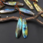 Natural Labradorite Slender Linear Teardrop Pair Drilled Matched Natural Gemstone Bead Pair