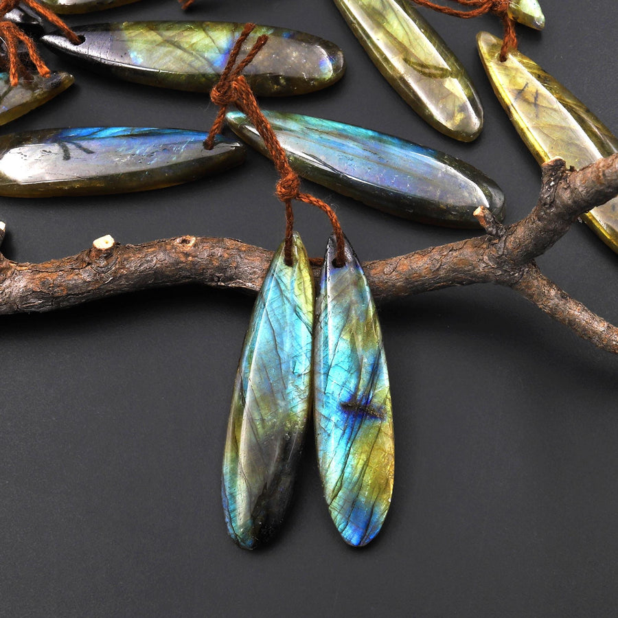 Natural Labradorite Slender Linear Teardrop Pair Drilled Matched Natural Gemstone Bead Pair