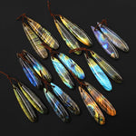 Natural Labradorite Slender Linear Teardrop Pair Drilled Matched Natural Gemstone Bead Pair