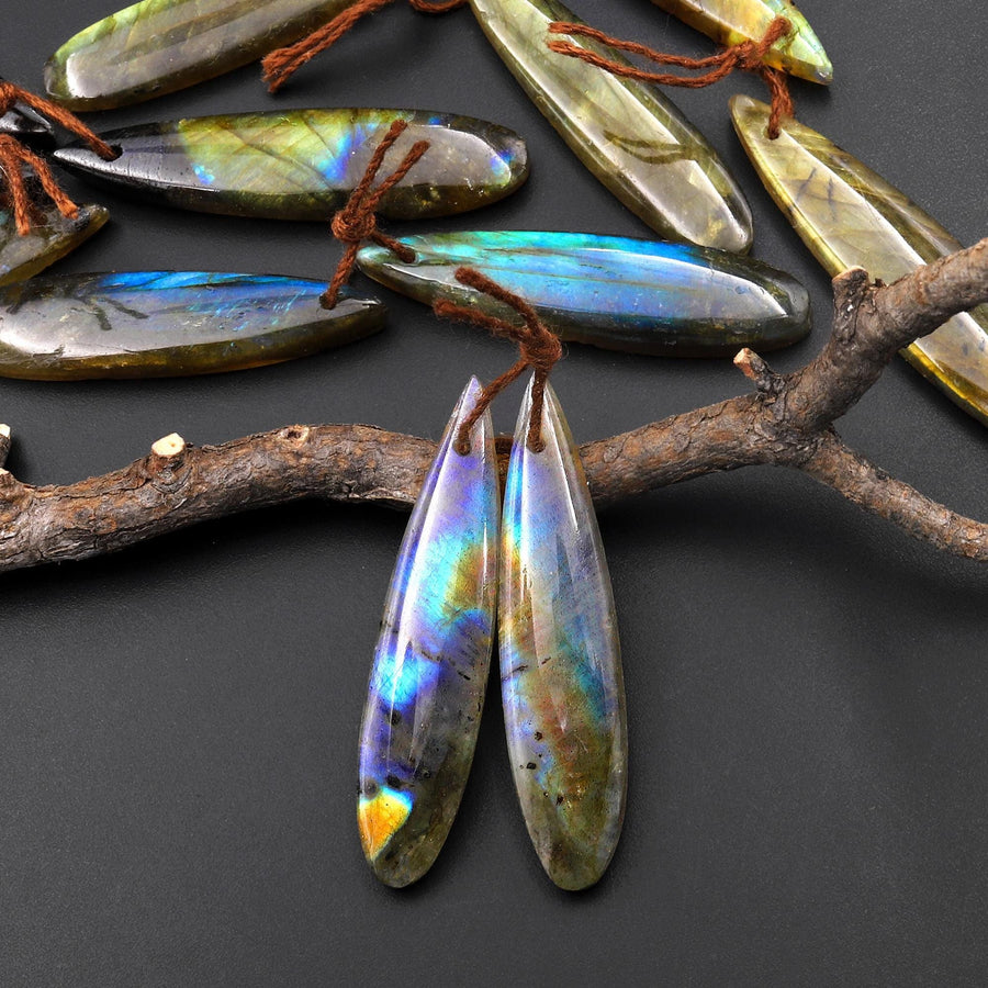 Natural Labradorite Slender Linear Teardrop Pair Drilled Matched Natural Gemstone Bead Pair