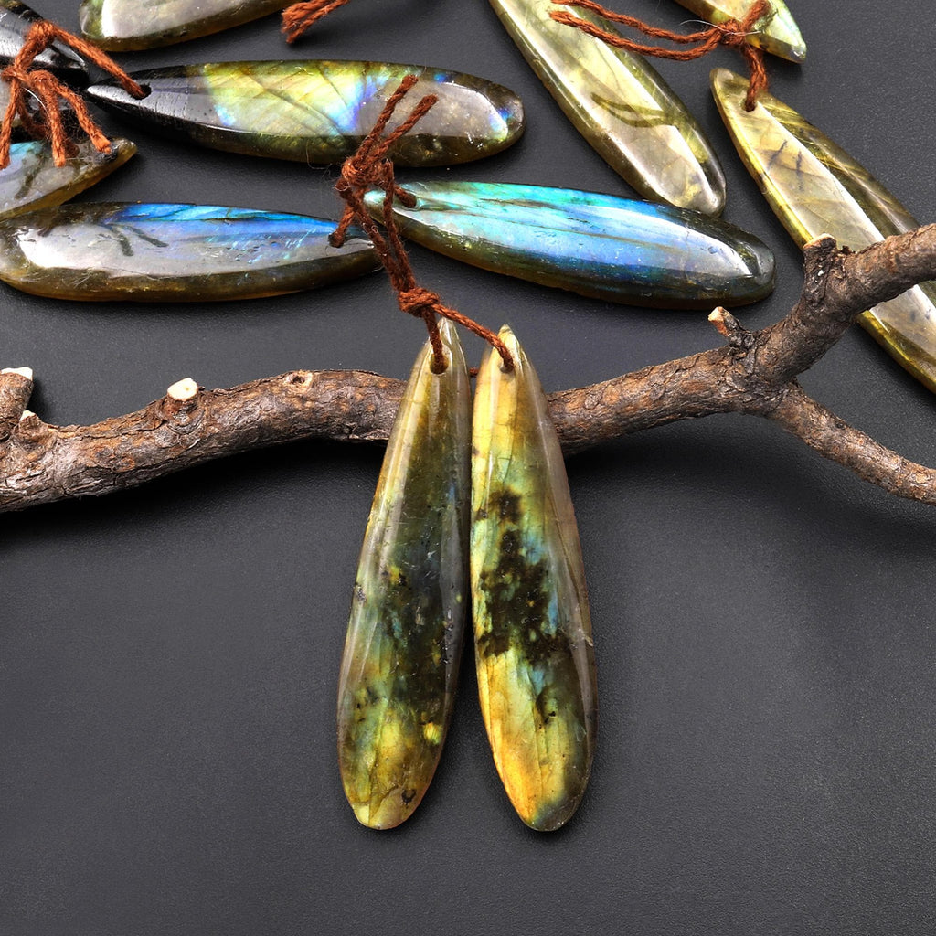 Natural Labradorite Slender Linear Teardrop Pair Drilled Matched Natural Gemstone Bead Pair A3