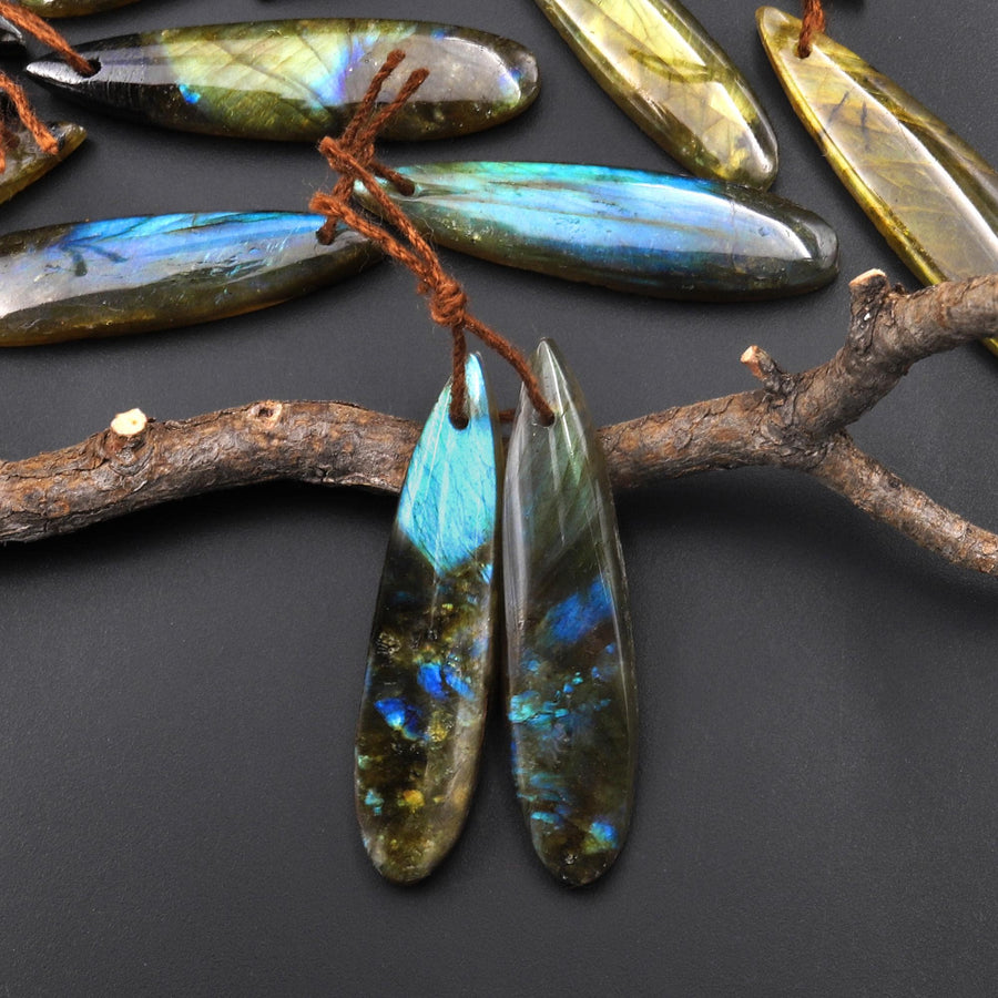 Natural Labradorite Slender Linear Teardrop Pair Drilled Matched Natural Gemstone Bead Pair A7