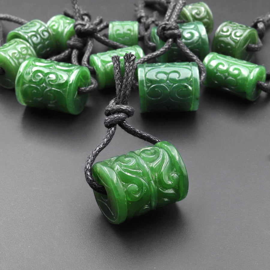 Hand Carved Natural Canadian Green Jade Tube Gemstone Focal Bead Pendant Large 2mm Drill Hole