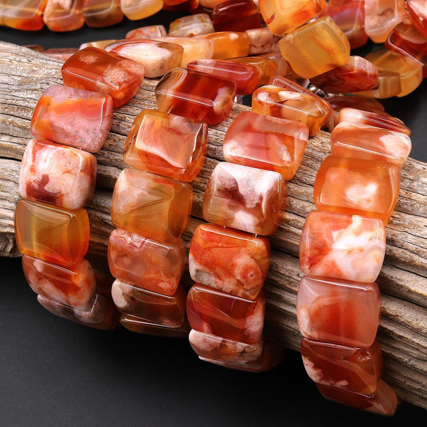 AAA Double Drilled Natural Gemmy Red Cherry Blossom Agate Aka Flower Agate 16x12mm Rectangle Title Bracelet Gemstone Beads 8" Strand