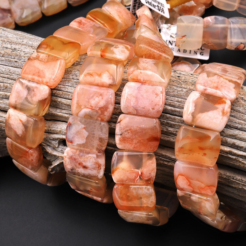 AAA Double Drilled Natural Translucent Peach Pink Cherry Blossom Agate Aka Flower Agate 16x12mm Rectangle Title Bracelet Beads 8" Strand