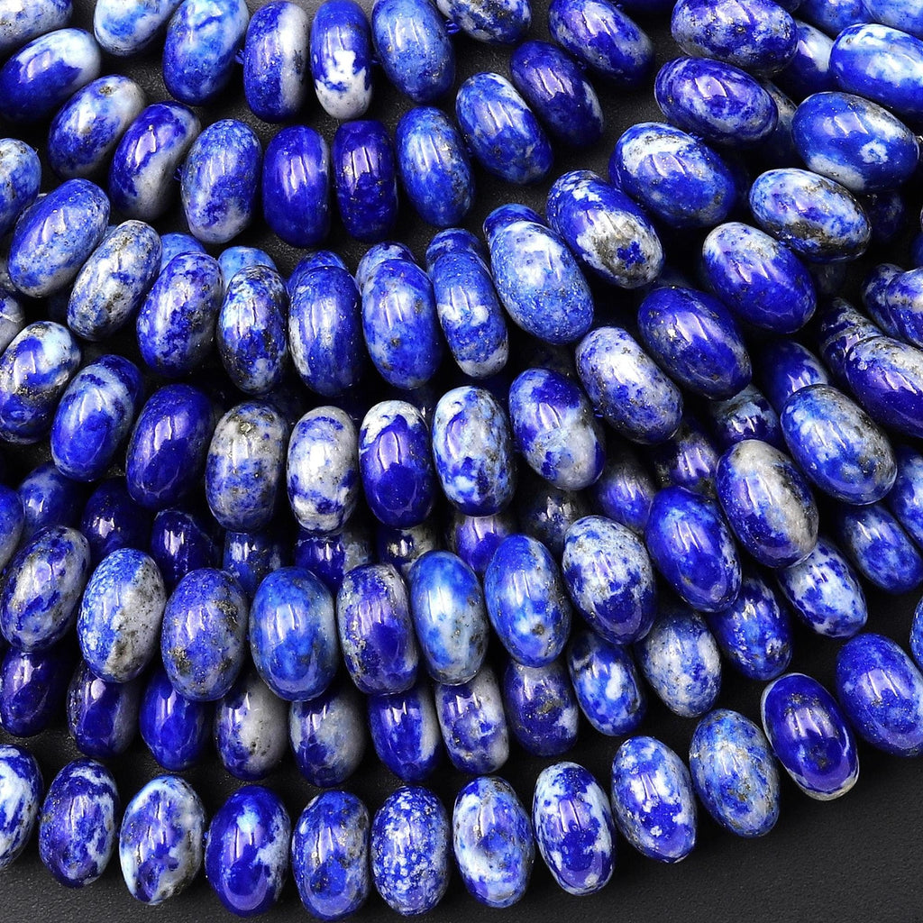 Natural Blue Lapis Smooth Rondelle Beads 8mm 10mm White Calcite Matrix 15.5" Strand