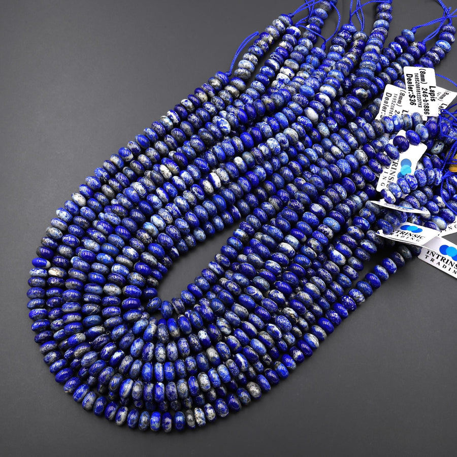 Natural Blue Lapis Smooth Rondelle Beads 8mm 10mm White Gray Calcite Matrix 15.5" Strand