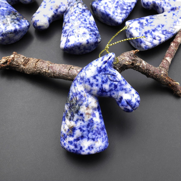 Hand Carved Natural Blue Sodalite Horse Head Pendant Gemstone Focal Bead A2