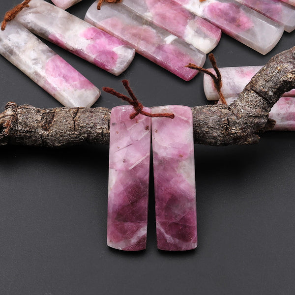Natural Pink Tourmaline in Quartz Rectangle Earring Drilled Matched Gemstone Bead Pair A1