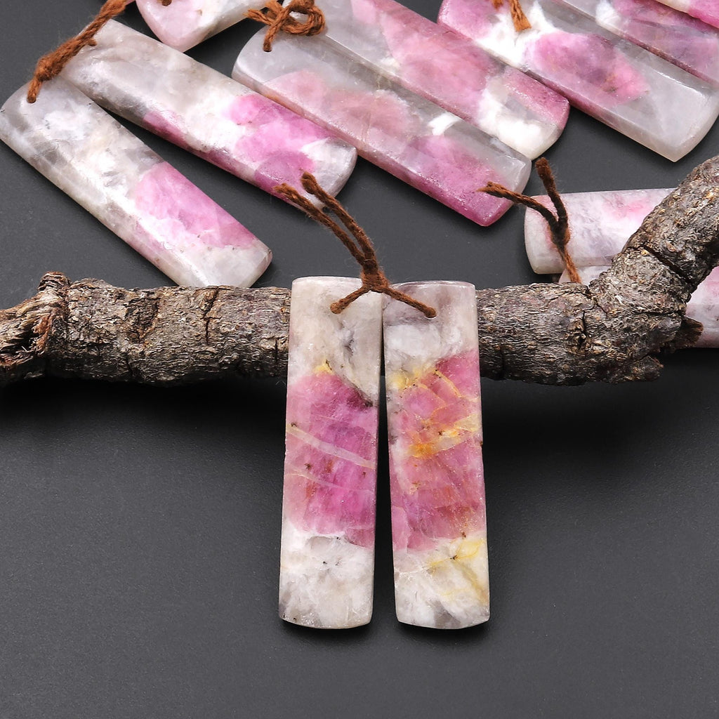 Natural Pink Tourmaline in Quartz Rectangle Earring Drilled Matched Gemstone Bead Pair A2