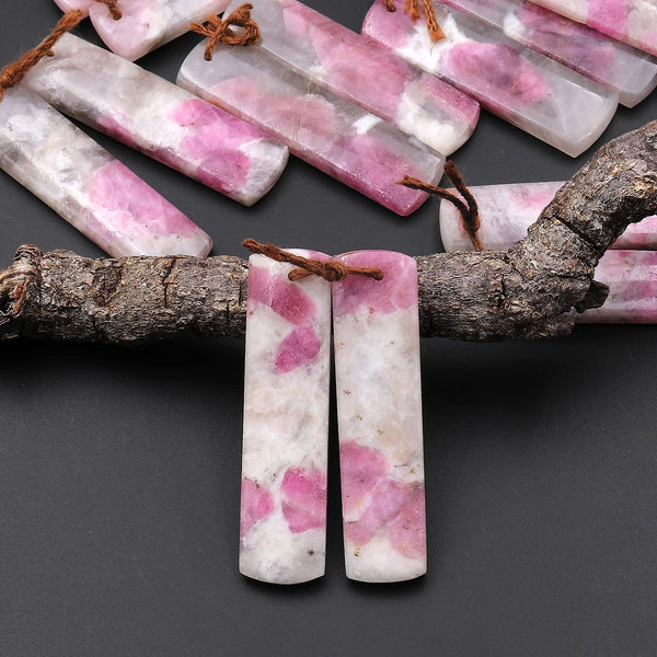 Natural Pink Tourmaline in Quartz Rectangle Earring Drilled Matched Gemstone Bead Pair A3