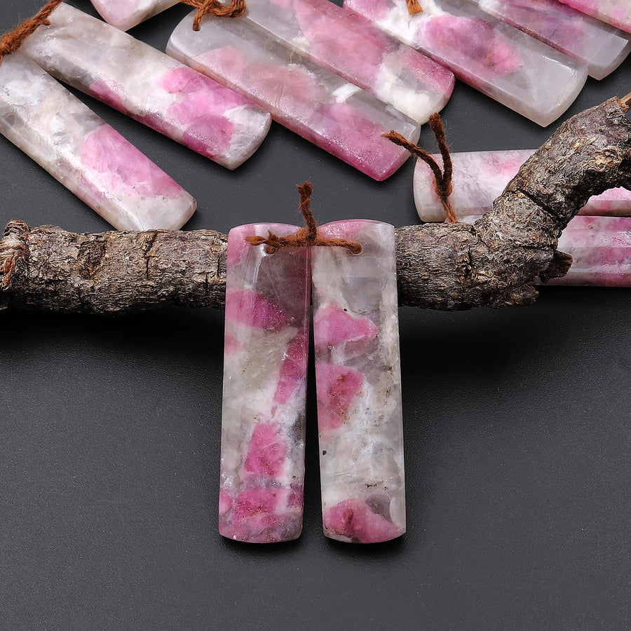 Natural Pink Tourmaline in Quartz Rectangle Earring Drilled Matched Gemstone Bead Pair A4