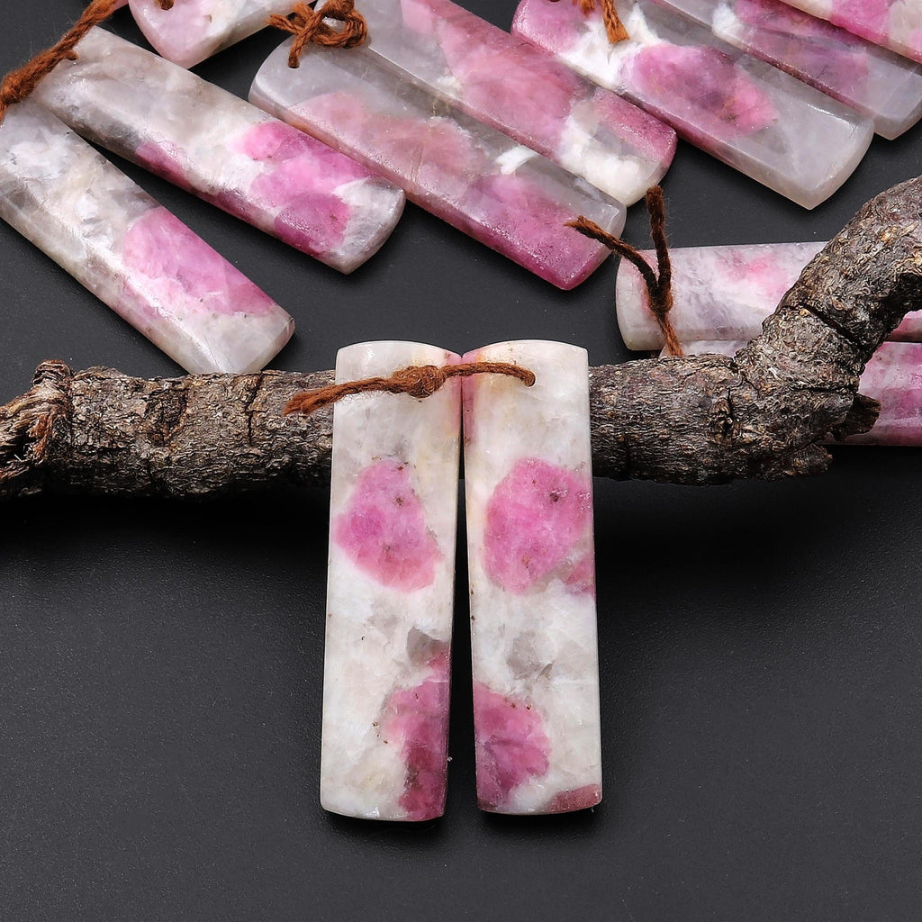 Natural Pink Tourmaline in Quartz Rectangle Earring Drilled Matched Gemstone Bead Pair A5