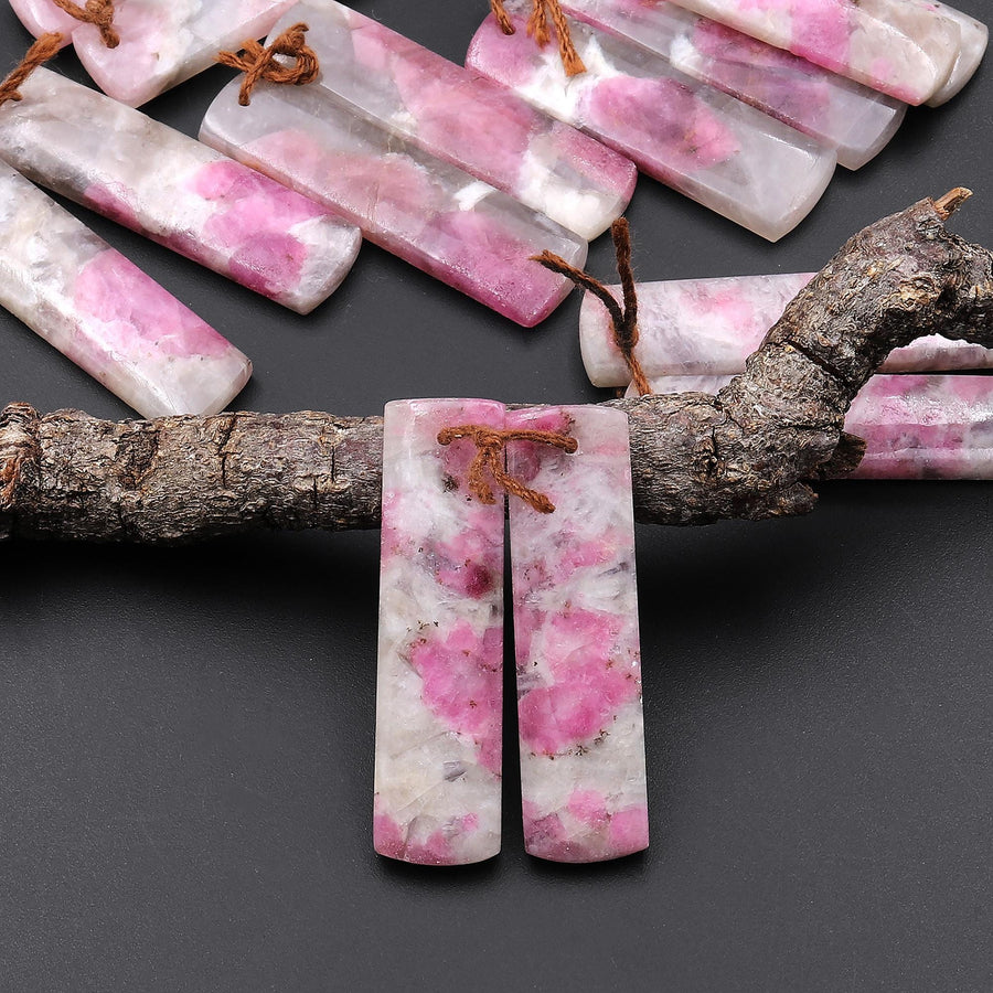 Natural Pink Tourmaline in Quartz Rectangle Earring Drilled Matched Gemstone Bead Pair A6