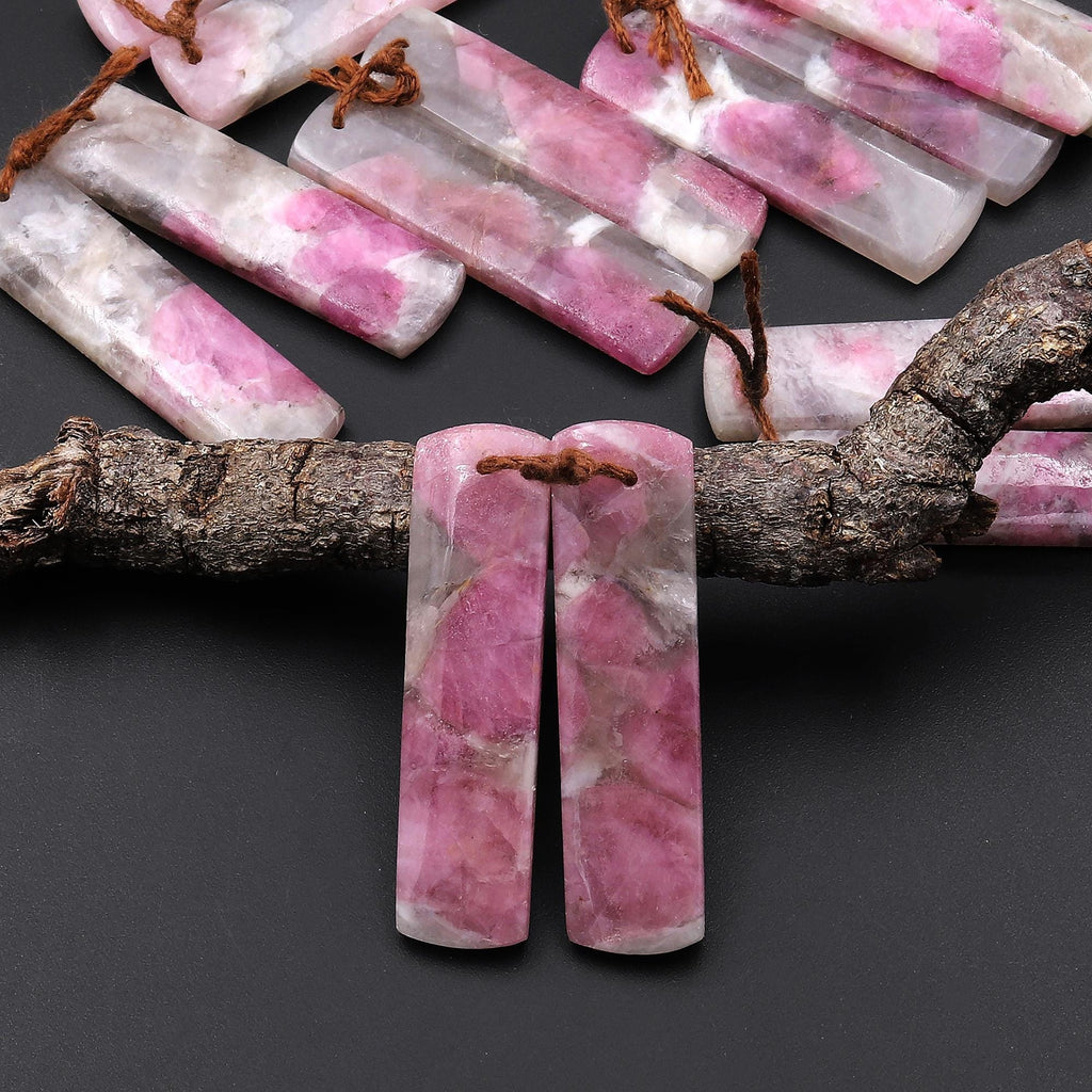 Natural Pink Tourmaline in Quartz Rectangle Earring Drilled Matched Gemstone Bead Pair A8