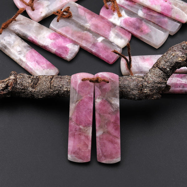 Natural Pink Tourmaline in Quartz Rectangle Earring Drilled Matched Gemstone Bead Pair A8